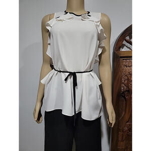 Cue Australian Off White Size 10 Top With Ruffled And Black Trims #C